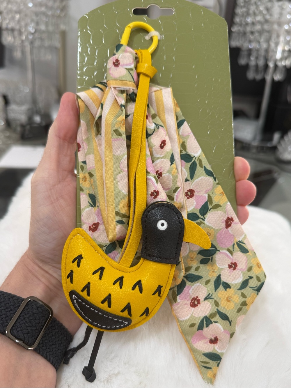 Yellow Floral Scarf and Bird Bag Charm Keychain